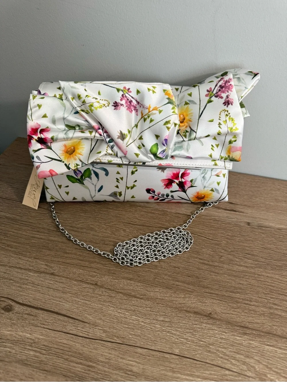 Jewel Badgley Mischa Floral Satin Bow Purse with White Background, NWT